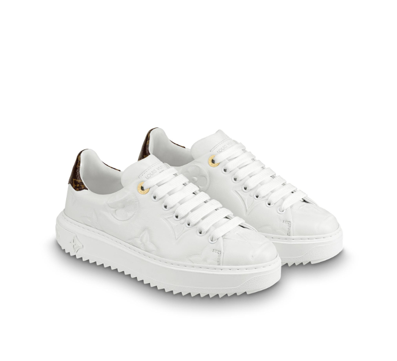 LOUIS VUITTON Lambskin Embossed Floral Monogram Time Out Sneakers 37 White  1215708