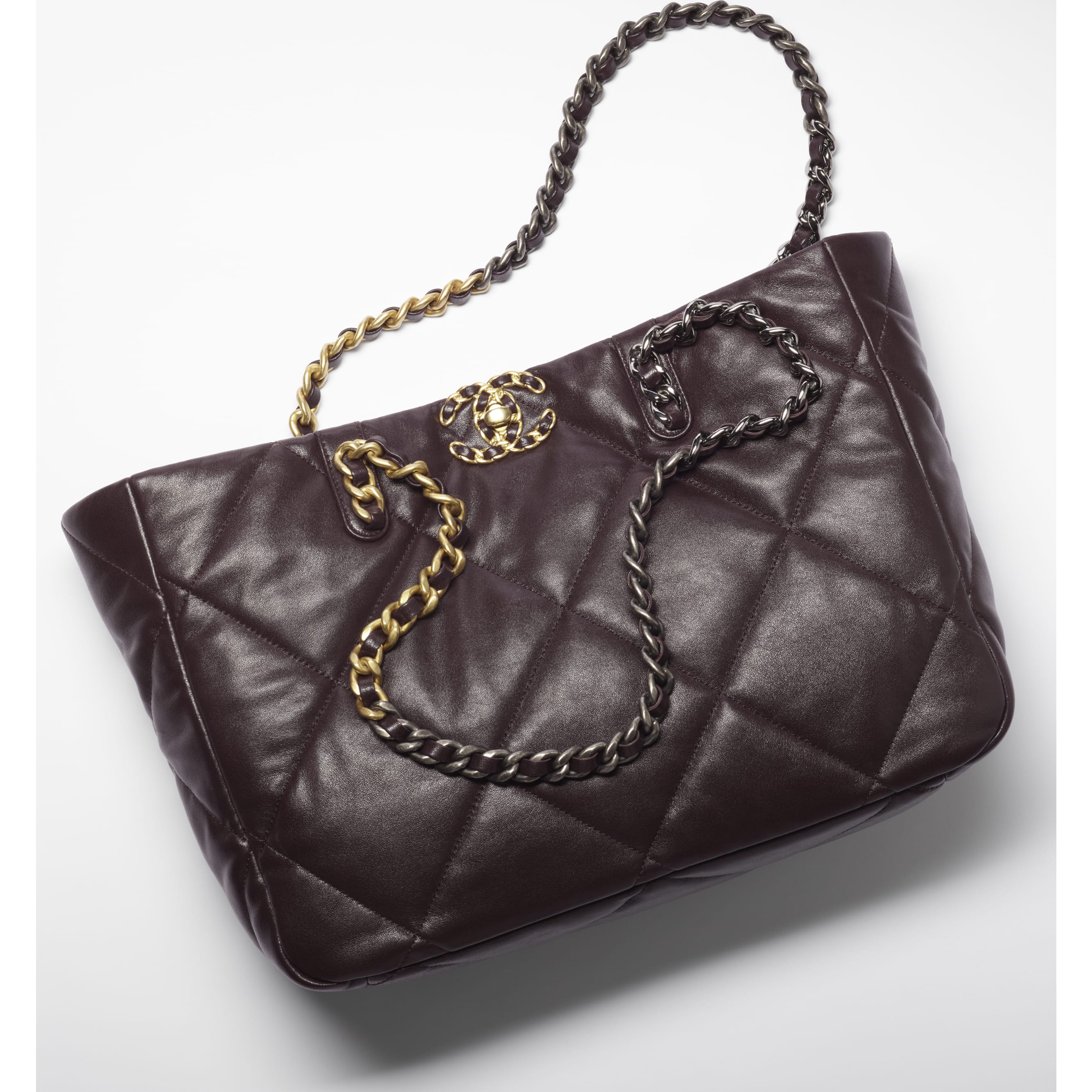 Large hobo bag, Shiny crumpled lambskin & gold-tone metal, black — Fashion